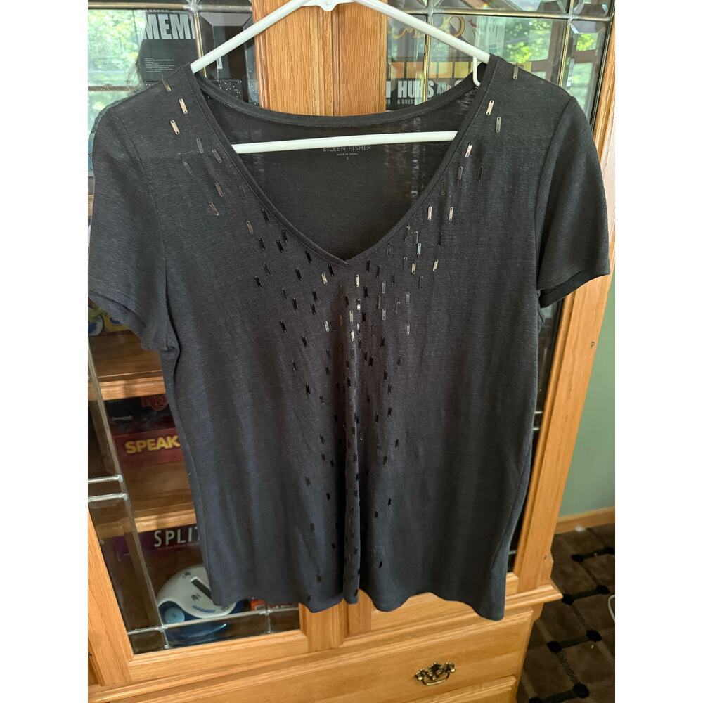 Eileen Fisher Relaxed Muted Cascading Sequin V-Neck T-Shirt Sz. S